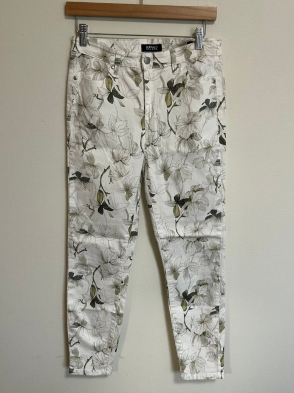 Buffalo Havana High Rise Stretch Ankle Skinny White Jeans Green Floral EUC Sz 4